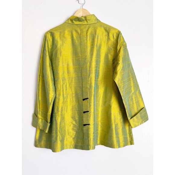 Anu Women Silk Chartreuse Blazer Jacket Large 3/4 Sleeve Luxe Statement Chic - Picture 3 of 8
